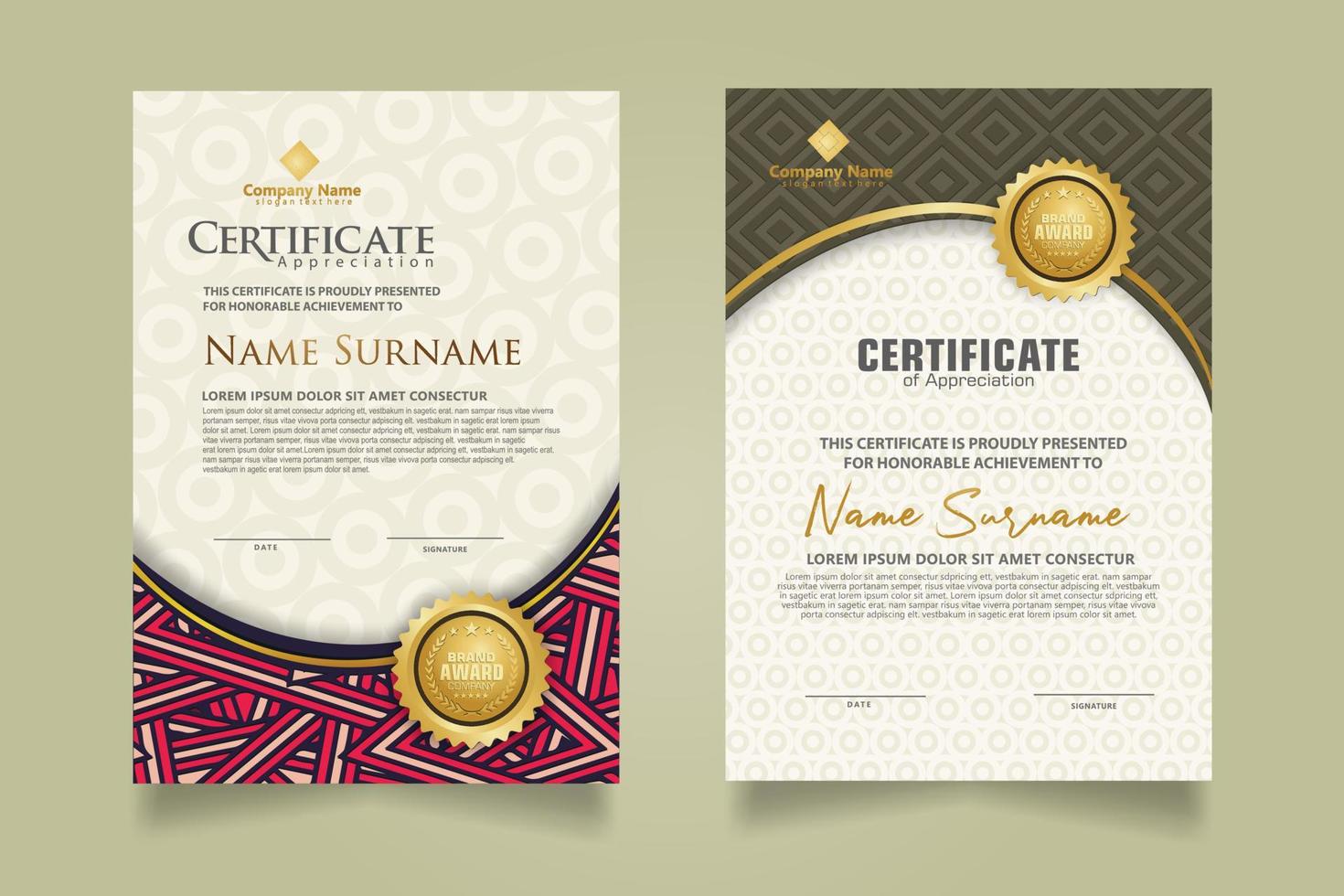 Set modern certificate template with dynamic and futuristic texture on curve ornament and modern pattern background vector