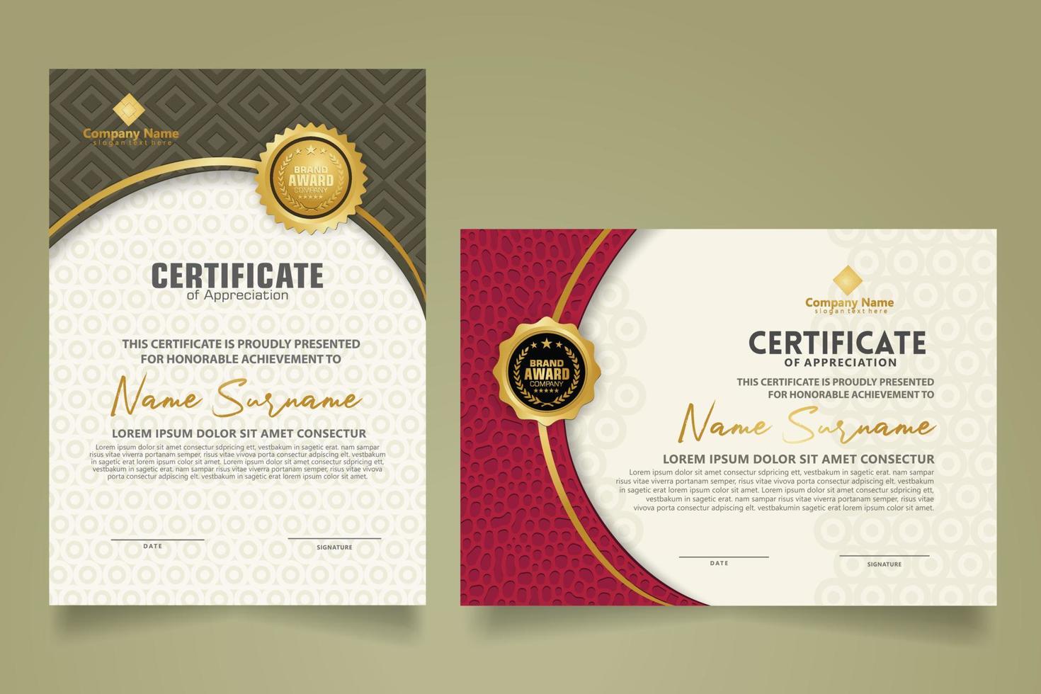 Set modern certificate template with dynamic and futuristic texture on curve ornament and modern pattern background vector