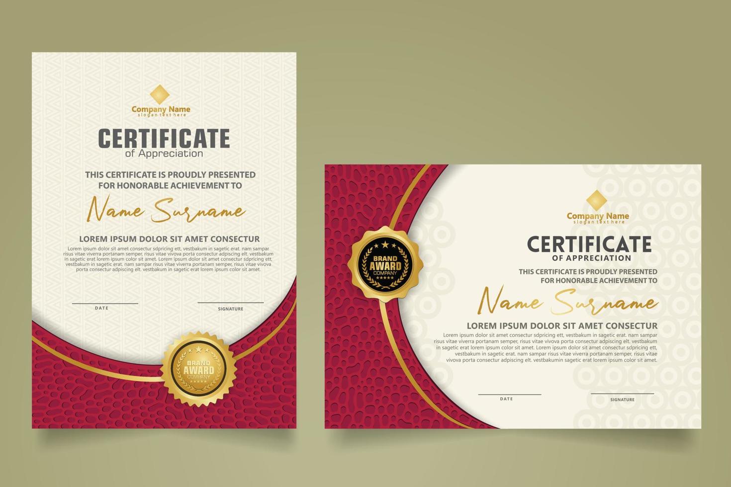 set vertical and horizontal certificate template with organic rounded texture on curve ornament and modern pattern background vector
