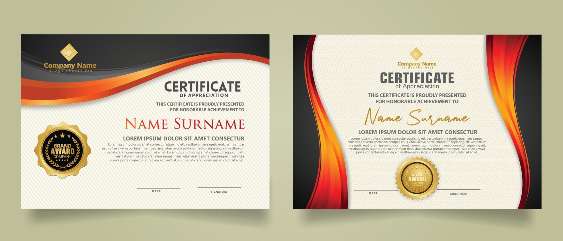 set modern certificate template with flow lines ornament and modern pattern background. vector