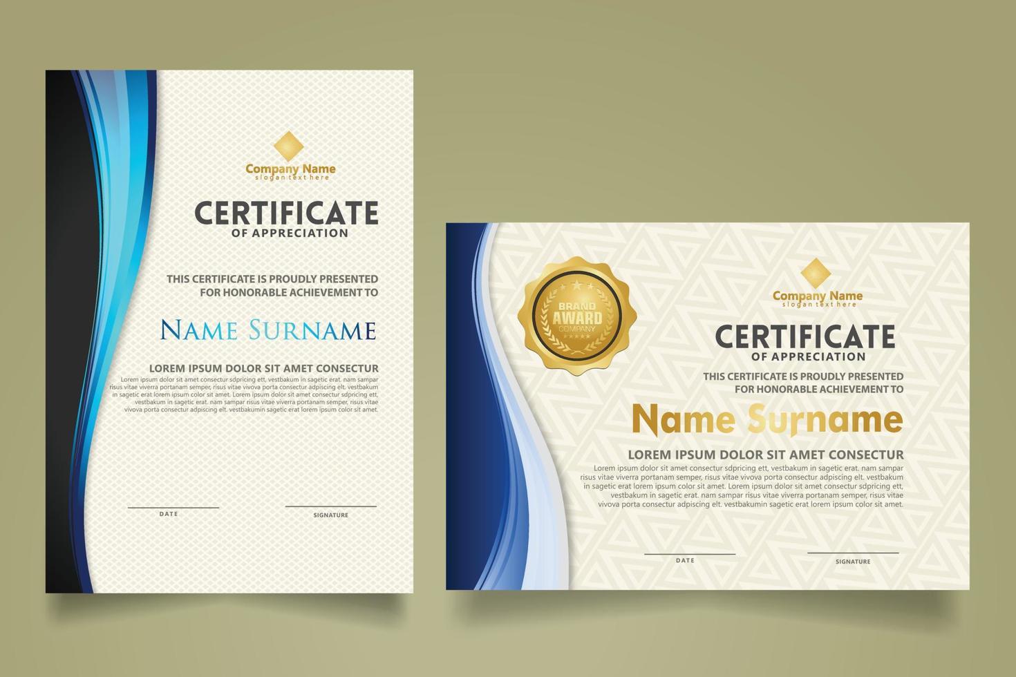 set modern certificate template with flow lines ornament and modern pattern background. vector