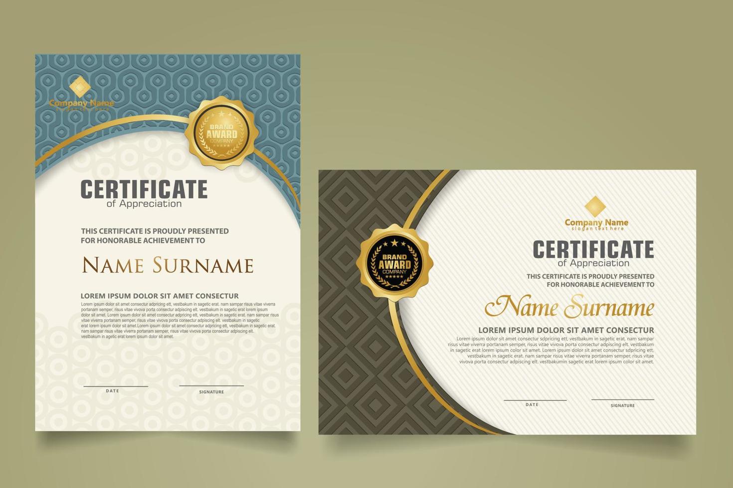 Set modern certificate template with dynamic and futuristic texture on curve ornament and modern pattern background vector