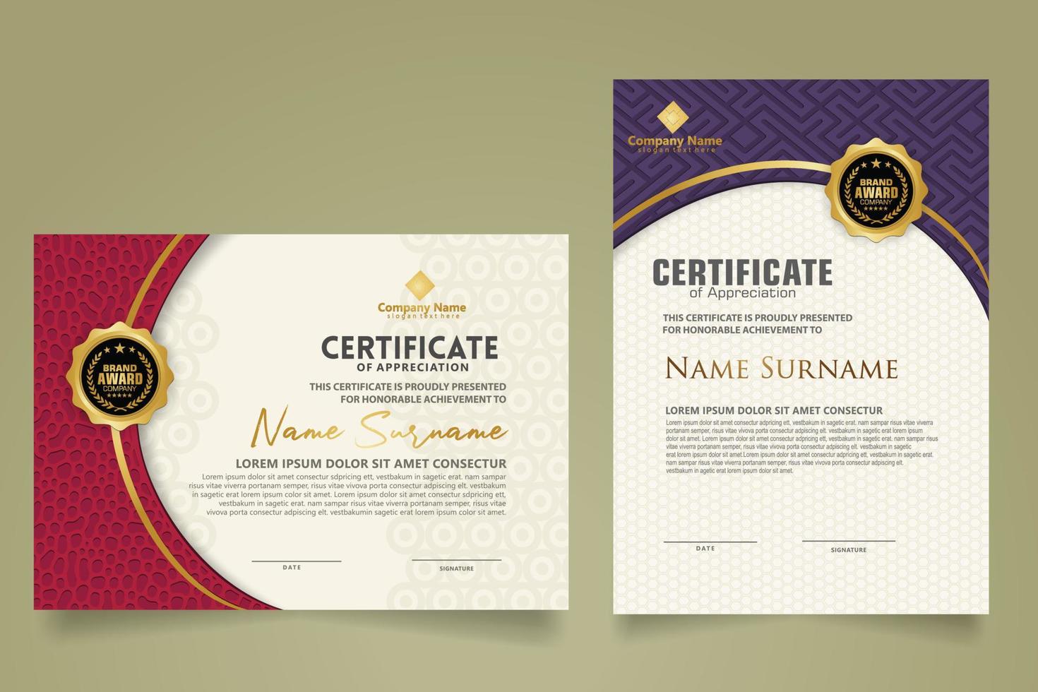 Set modern certificate template with dynamic and futuristic texture on curve ornament and modern pattern background vector