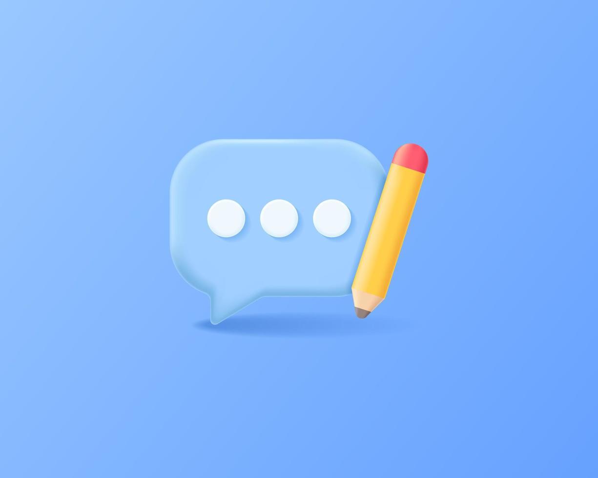 3d realistic chat comment, bubble speech with pencil vector