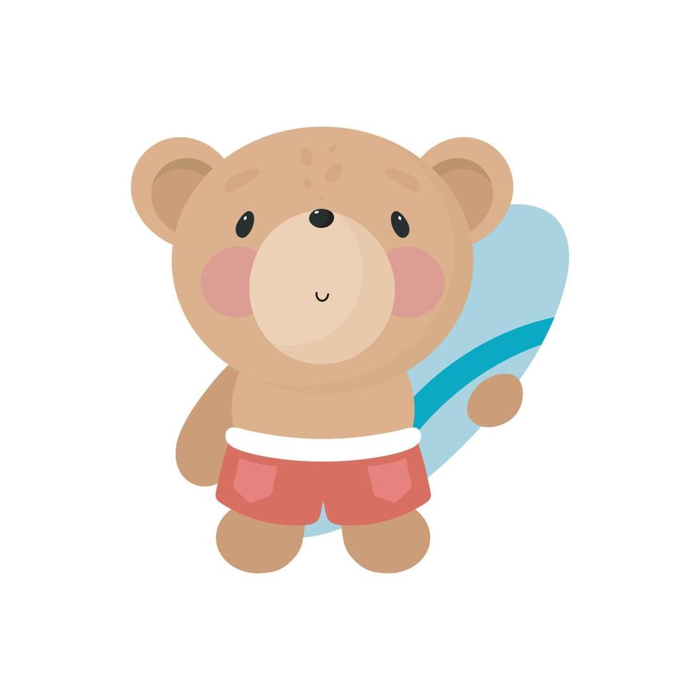 Cute Bear with Surfboard . Vector illustration in cartoon style.