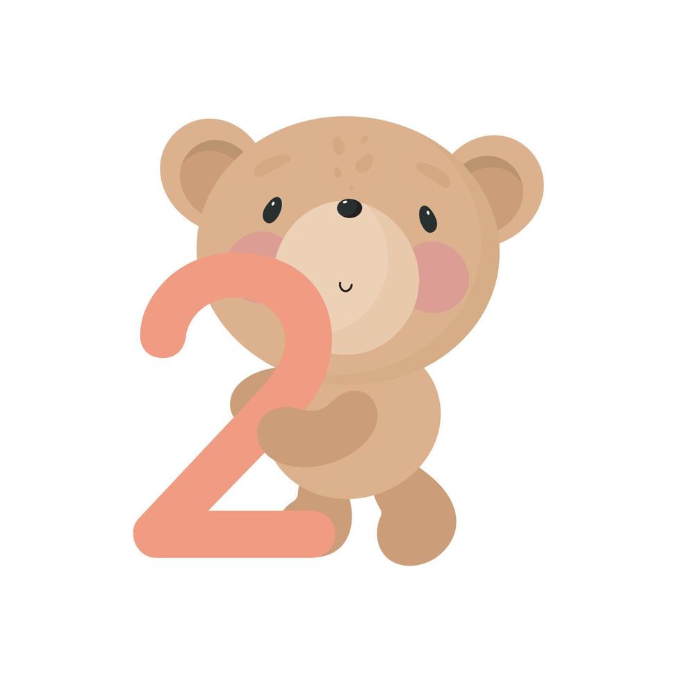Birthday Party, Greeting Card, Party Invitation. Kids illustration with Cute Bear and and the number two. Vector illustration in cartoon style.