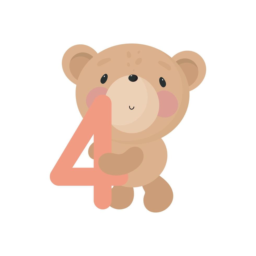 Birthday Party, Greeting Card, Party Invitation. Kids illustration with Cute Bear and and the number four. Vector illustration in cartoon style.