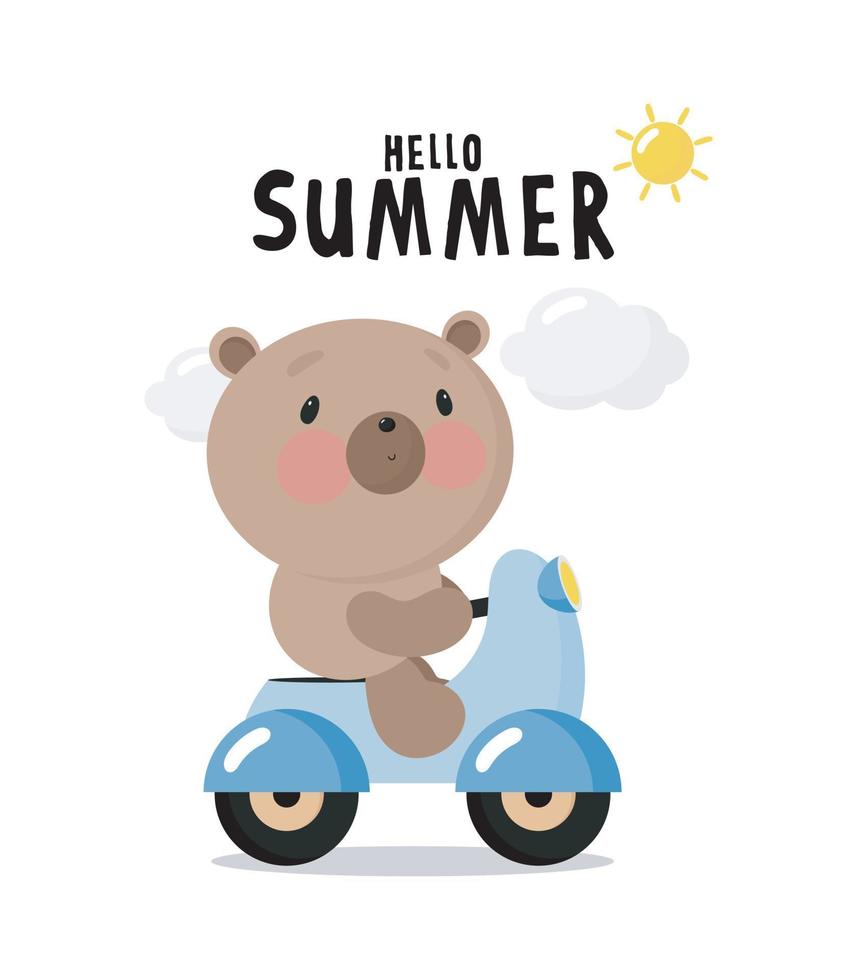 lindo oso en el scooter. ilustración vectorial en estilo de dibujos animados. para tarjetas, carteles, pancartas, libros, impresión en el paquete, impresión en ropa, tela, papel tapiz, textil o platos. vector