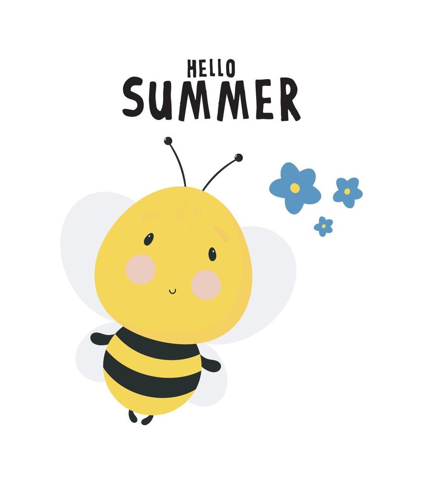 Cute bee. Cartoon style. Vector illustration. For card, posters, banners, books, printing on the pack, printing on clothes, fabric, wallpaper, textile or dishes.