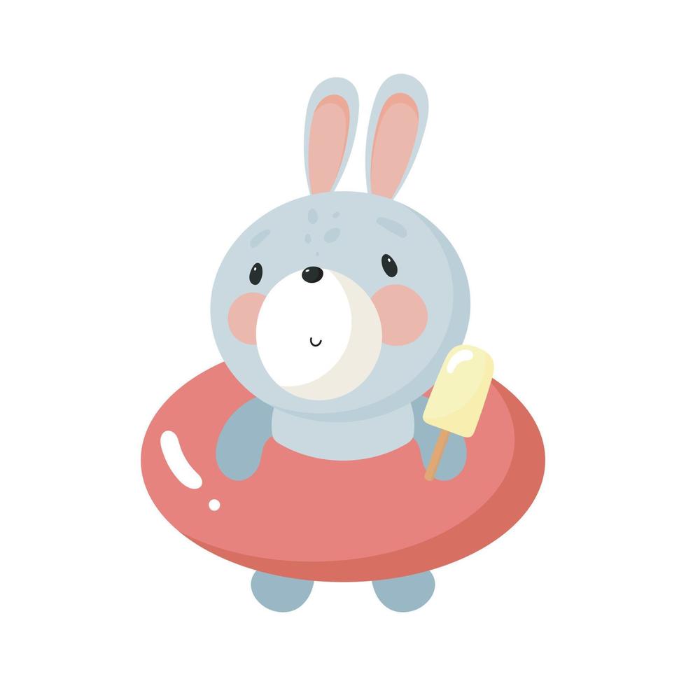 lindo conejo con anillo de natación de goma y helado. ilustración vectorial en estilo de dibujos animados. vector