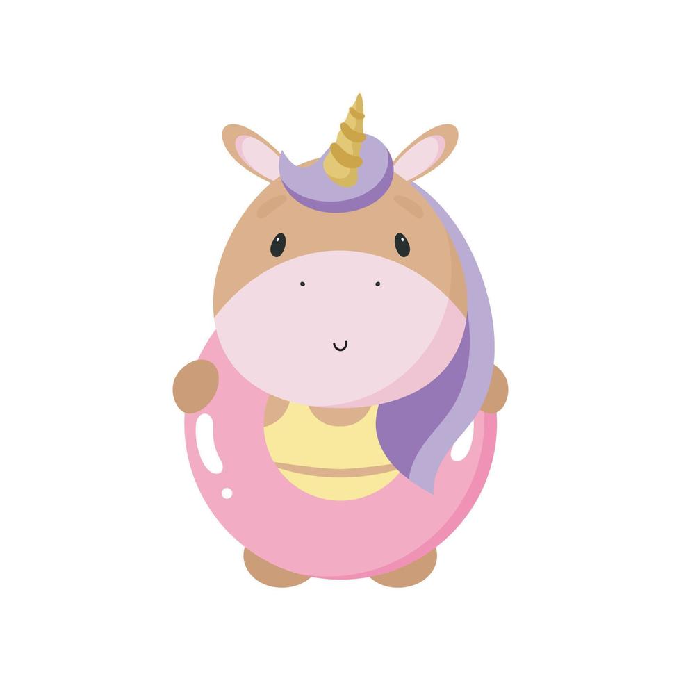 Cute Unicorn with Rubber Swimming Ring. Vector illustration in cartoon style.