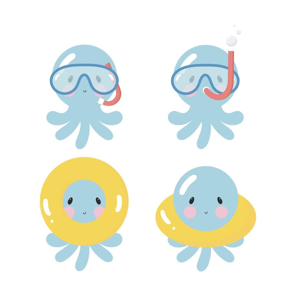 Set of cute Octopuses. Vector illustration in cartoon style. Sea characters.