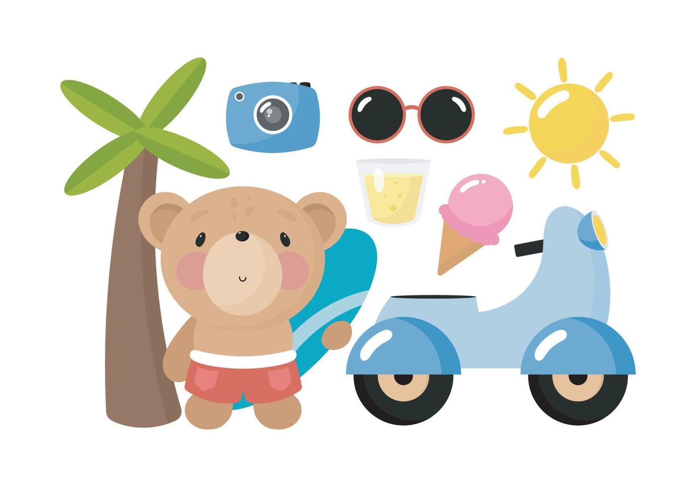 conjunto de verano. oso con tabla de surf, helado, cámara, gafas de sol, limonada, sol, scooter. ilustración vectorial en estilo de dibujos animados. vector