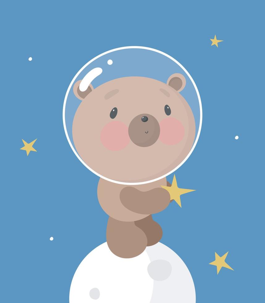 lindo oso en el espacio. estilo de dibujos animados ilustración vectorial para cosas de niños, tarjetas, carteles, pancartas, libros para niños, impresión en el paquete, impresión en ropa, tela, papel pintado, textil o platos. vector