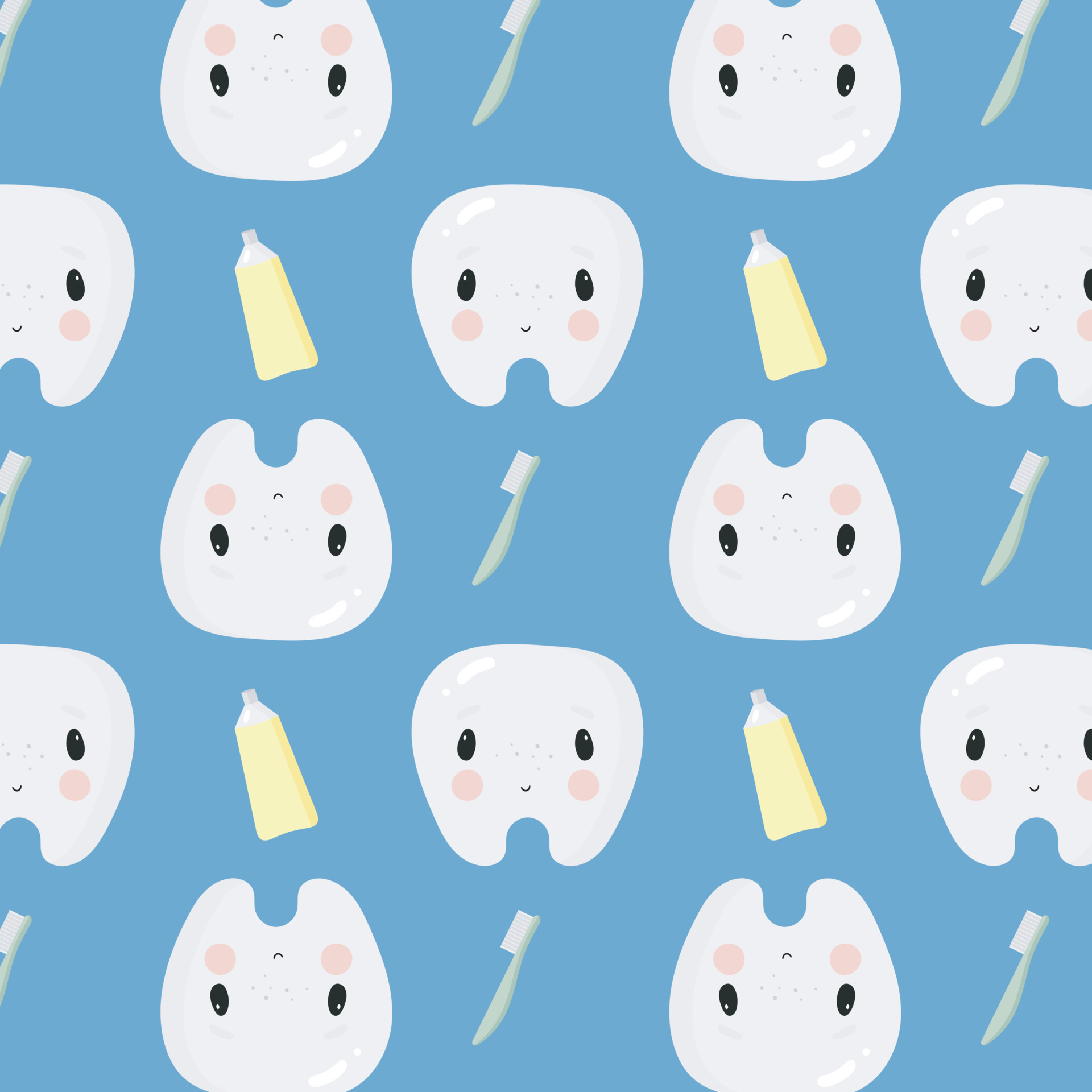 Pattern with Cute Tooth, Toothpaste and Brush. Illustration in vector