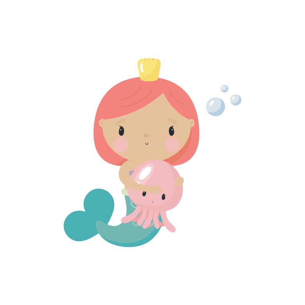 Cute Mermaid with jellyfish . Cartoon style. Vector illustration. For card, posters, banners, children books, printing on the pack, printing on clothes, fabric, wallpaper, textile or dishes.