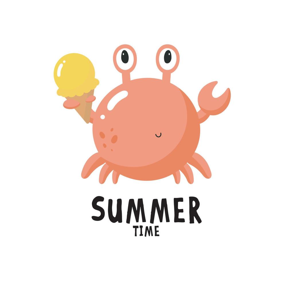 Cute Crab with Ice cream. Cartoon style. Vector illustration. For card, posters, banners, books, printing on the pack, printing on clothes, fabric, wallpaper, textile or dishes.