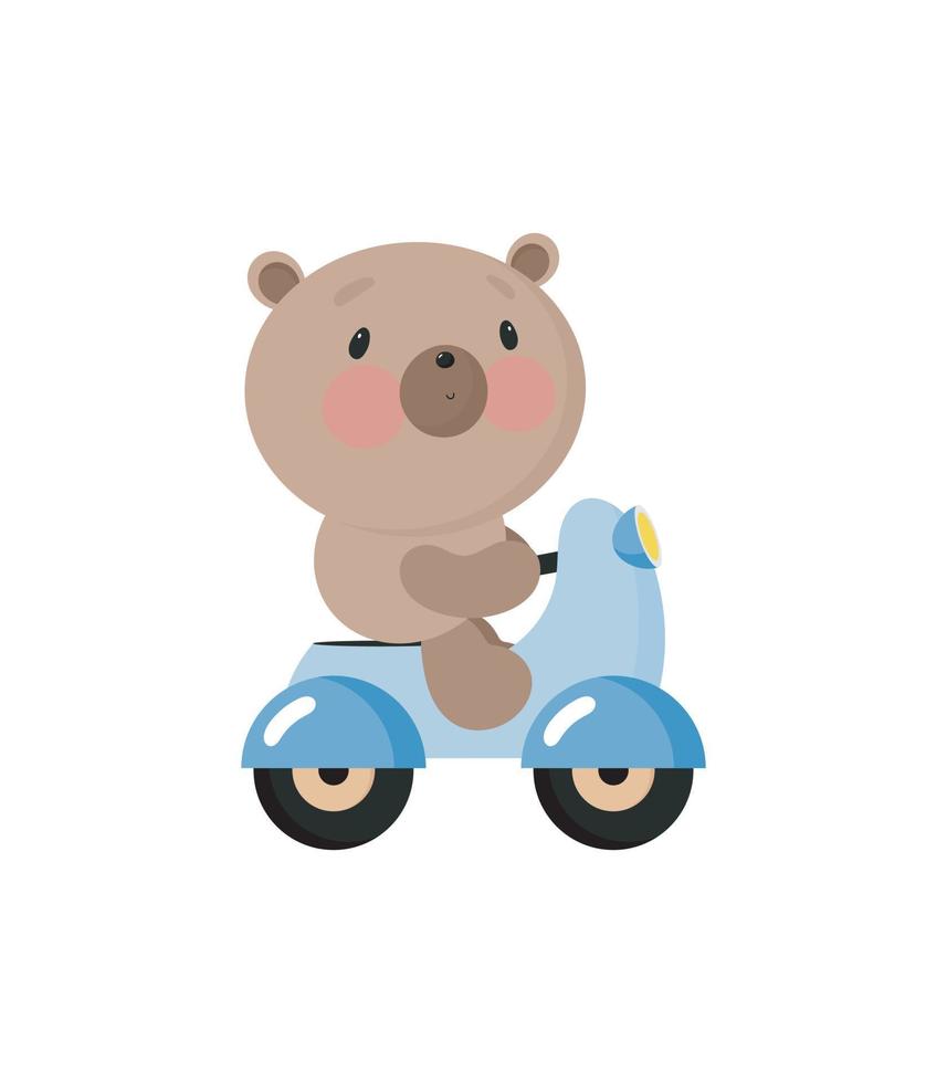 lindo oso en el scooter. ilustración vectorial en estilo de dibujos animados. para tarjetas, carteles, pancartas, libros, impresión en el paquete, impresión en ropa, tela, papel tapiz, textil o platos. vector