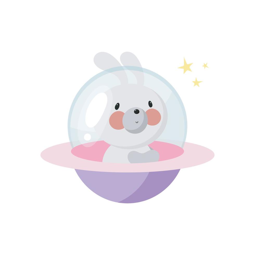 Cute Rabbit on the the spaceship. Cartoon style. Vector illustration. For kids card, posters, banners, children books, printing on the pack, printing on clothes, fabric, wallpaper, textile or dishes.