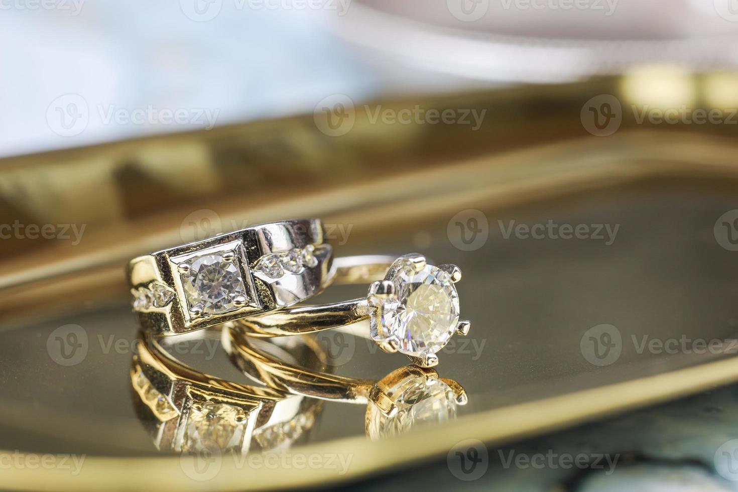 Close up of engagement diamond ring. Love and wedding concept. photo