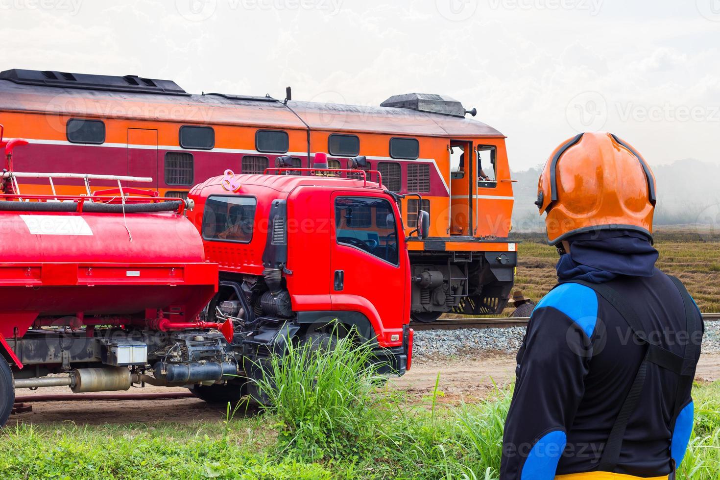 Train with the burning of stubble. photo