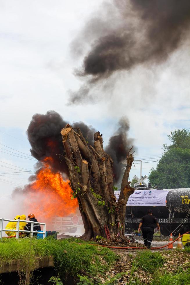 Firefighters train near the stump. photo