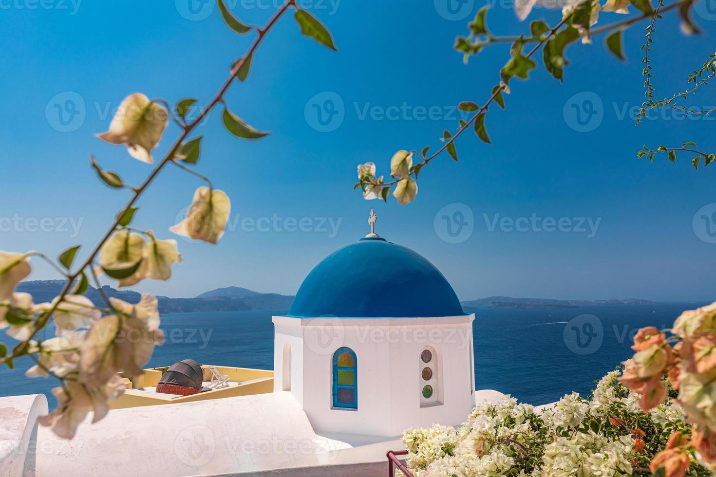 Santorini island, Greece. Incredibly romantic summer landscape on Santorini. Oia village in the morning light. Amazing view with white houses. Island of lovers, vacation and travel background concept photo