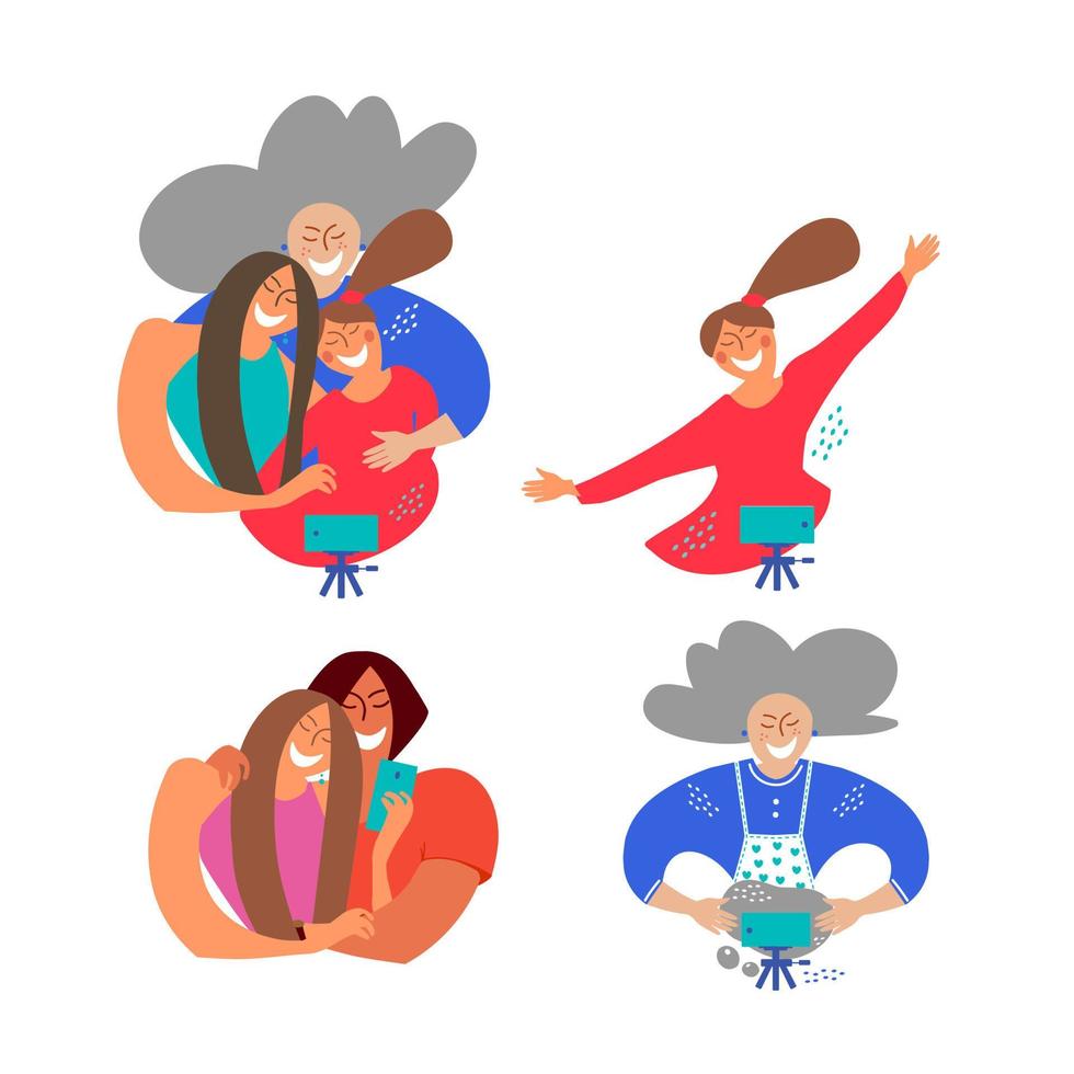 People take selfies and communicate on social networks using their phone. Character Set vector