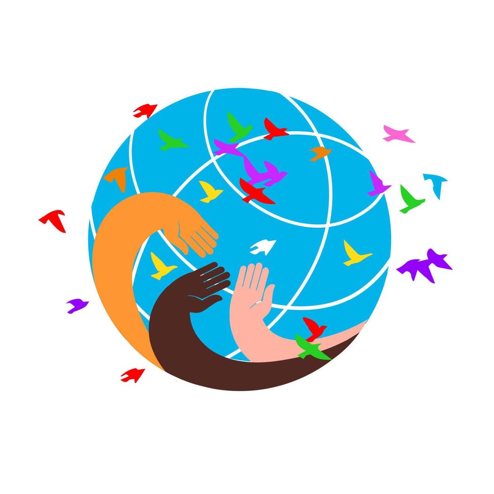 Colored hands hugging the planet. International Human Rights vector