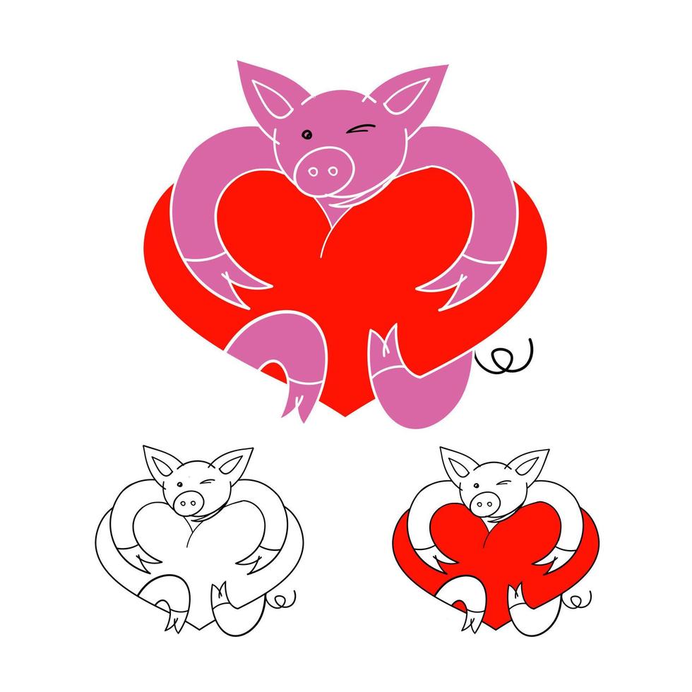 Vector cartoon style illustration of cute pink pig with heart in his hand. Isolated on white background with hearts.