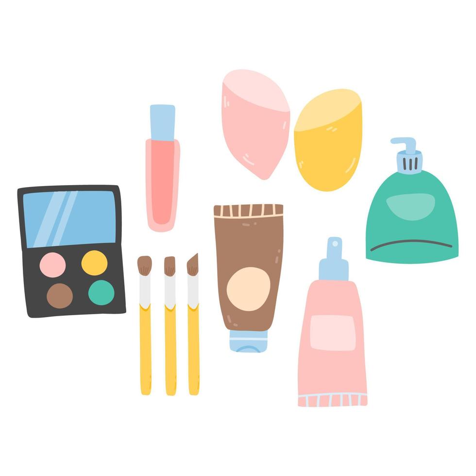 Flat set of decorative cosmetics for makeup tools vector