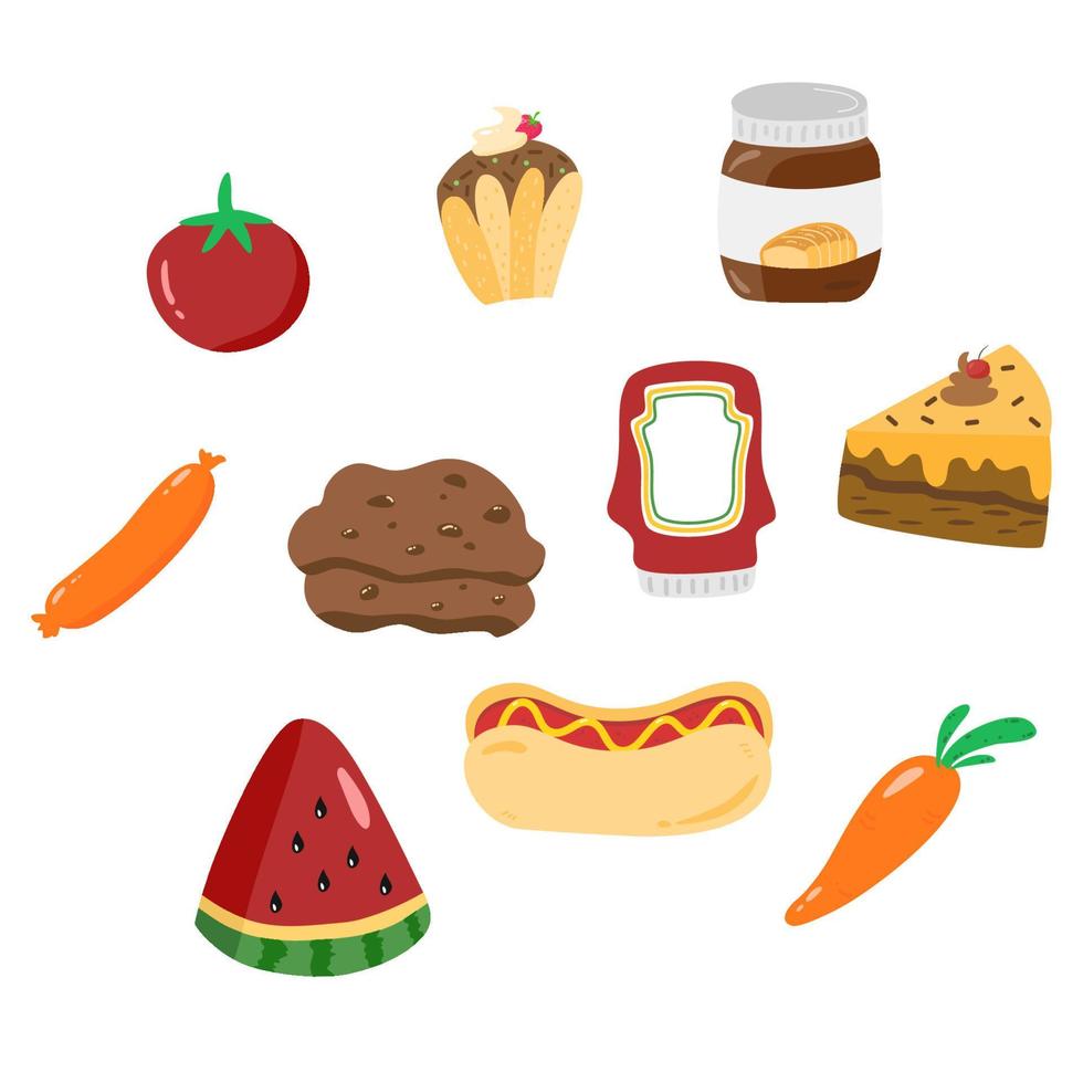 conjunto de alimentos dibujados a mano sandía, perrito caliente, magdalena, tomate, galletas, zanahoria vector