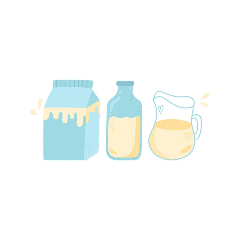leche en frasco, botella, vidrio y paquete de cartón vector