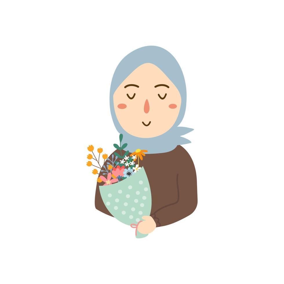 niña hijab con ramo de flores vector