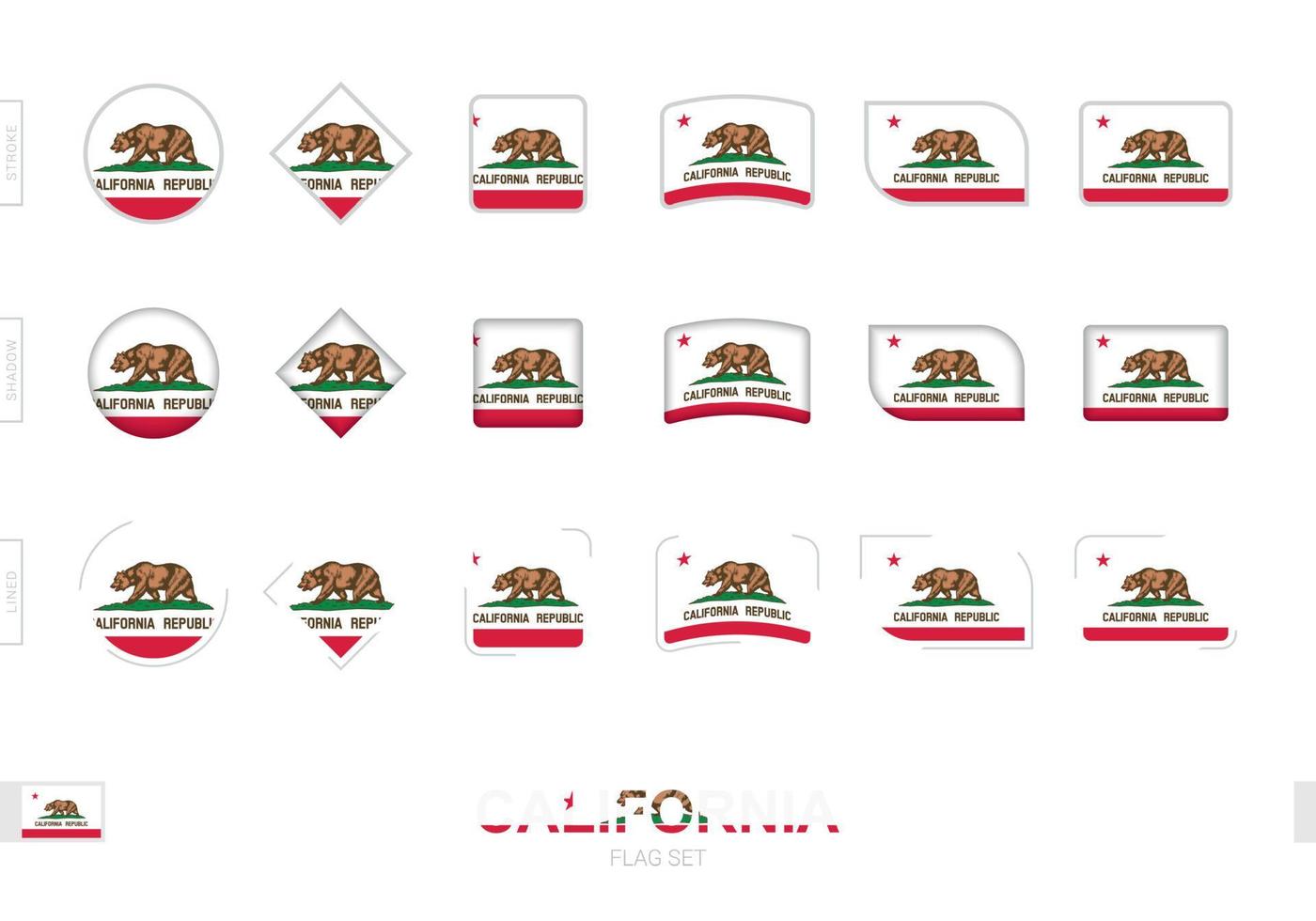 conjunto de banderas de california, banderas simples de california con tres efectos diferentes. vector