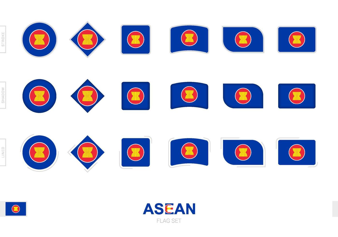 conjunto de banderas de la asean, banderas simples de la asean con tres efectos diferentes. vector