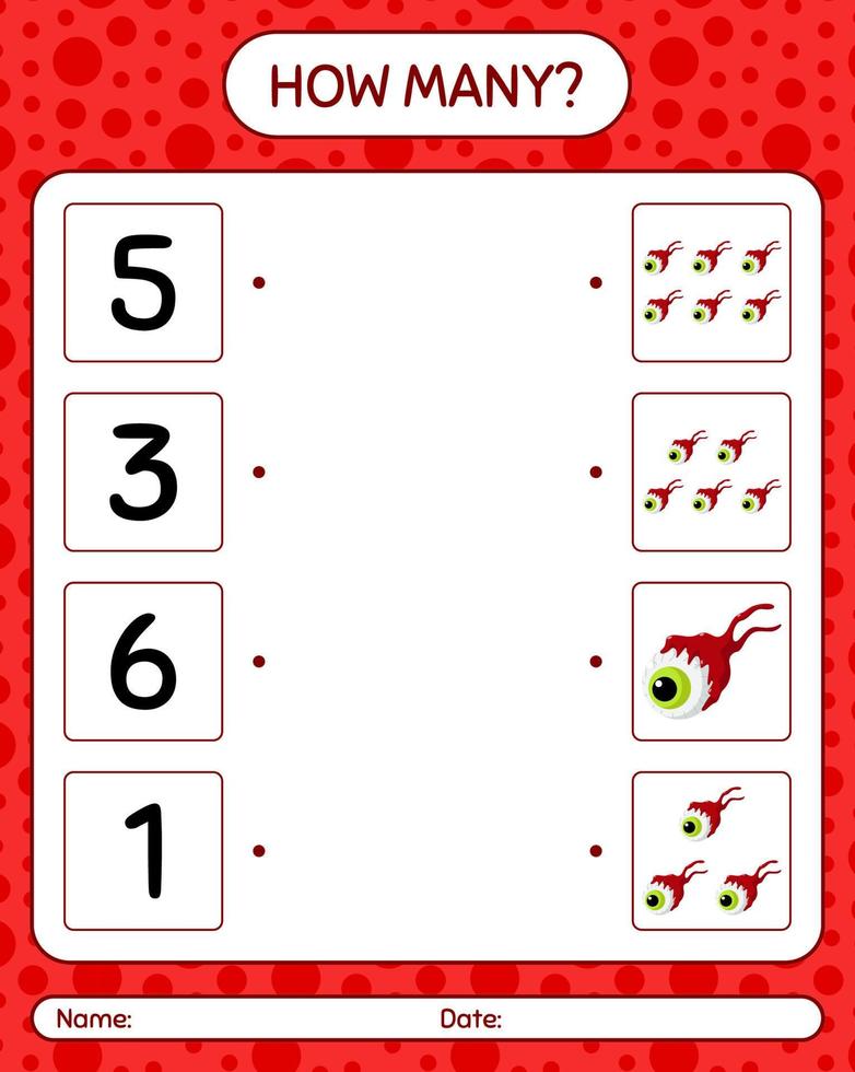 How many counting game with eyeball. worksheet for preschool kids, kids activity sheet vector