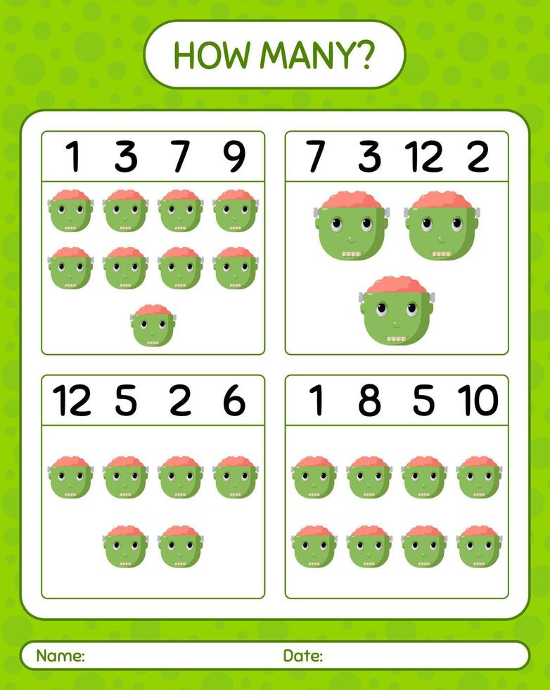 How many counting game with frankenstein. worksheet for preschool kids, kids activity sheet vector