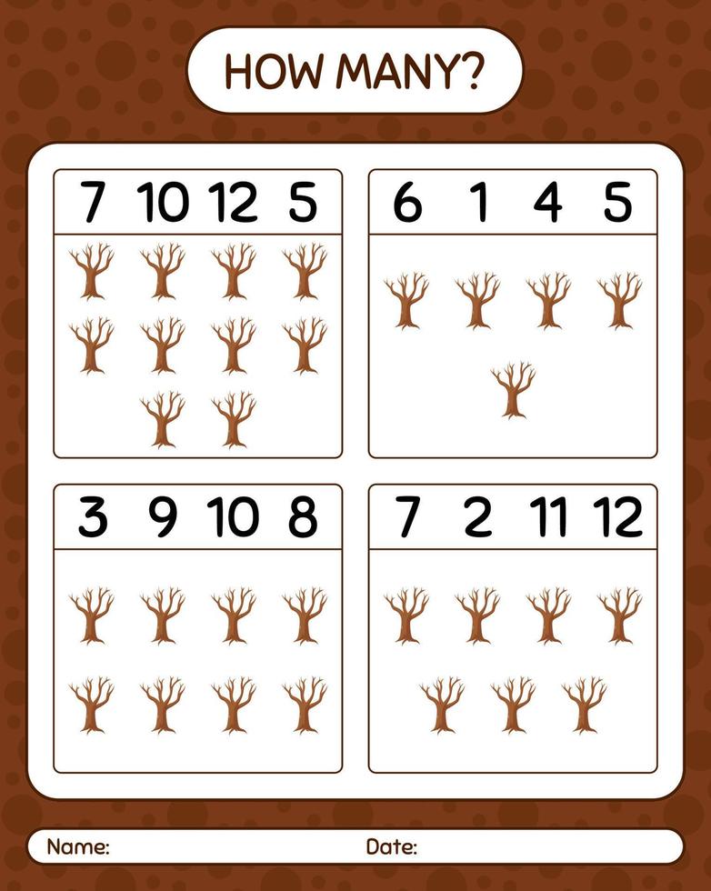 How many counting game with tree. worksheet for preschool kids, kids activity sheet vector