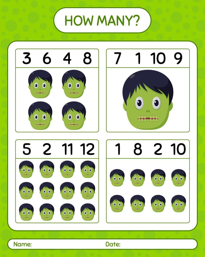 How many counting game with zombie. worksheet for preschool kids, kids activity sheet vector
