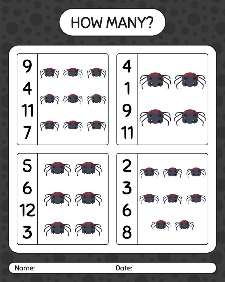 How many counting game with spider. worksheet for preschool kids, kids activity sheet vector