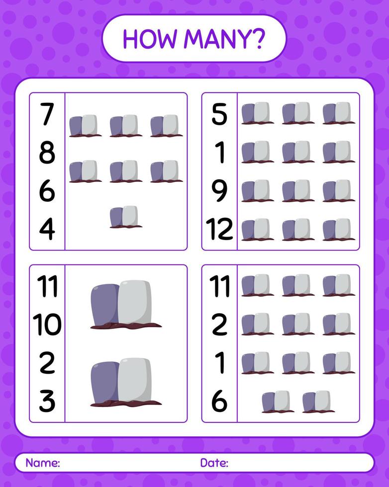 How many counting game with tombstone. worksheet for preschool kids, kids activity sheet vector