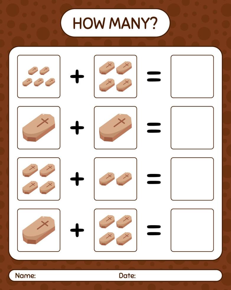 How many counting game with coffin. worksheet for preschool kids, kids activity sheet vector