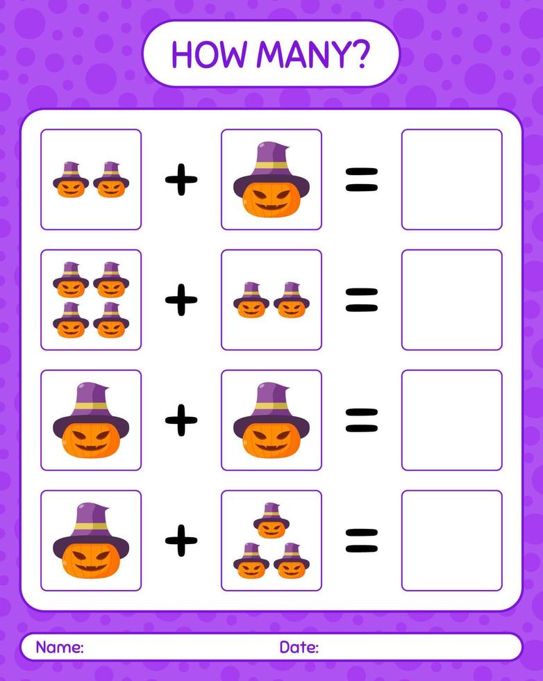 How many counting game with jack o' lantern. worksheet for preschool kids, kids activity sheet vector
