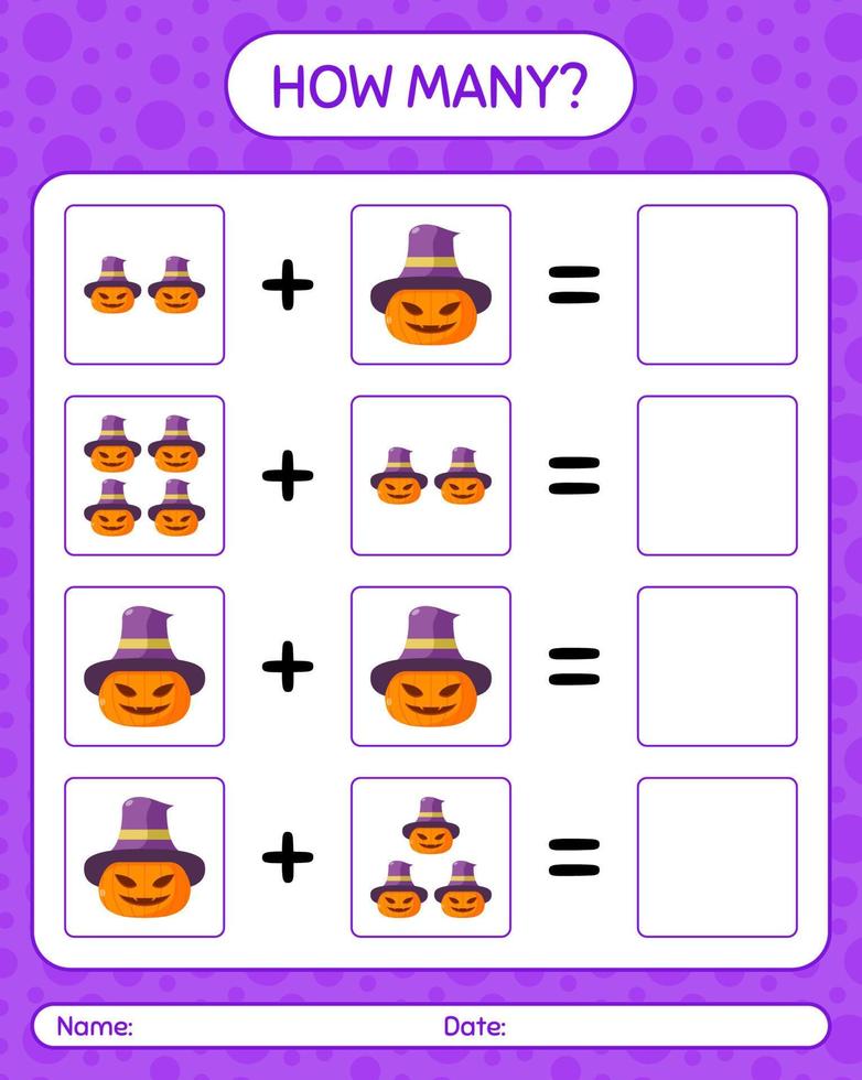 cuantos juegos de conteo con jack o'lantern. hoja de trabajo para niños en edad preescolar, hoja de actividades para niños vector