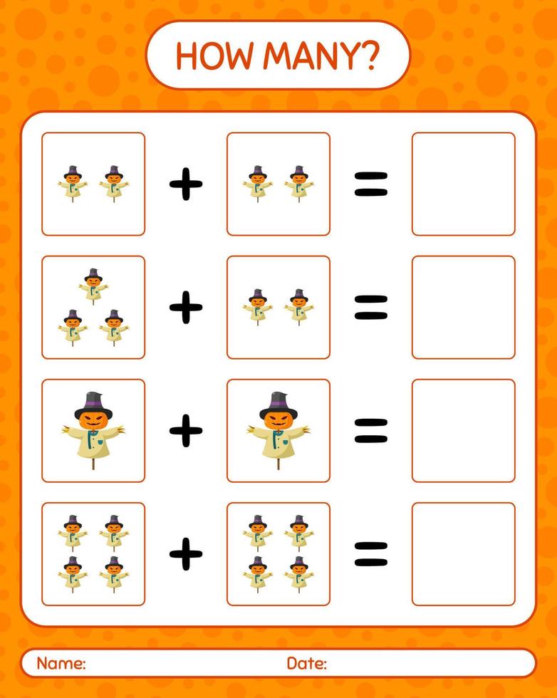 How many counting game with scarecrow. worksheet for preschool kids, kids activity sheet vector