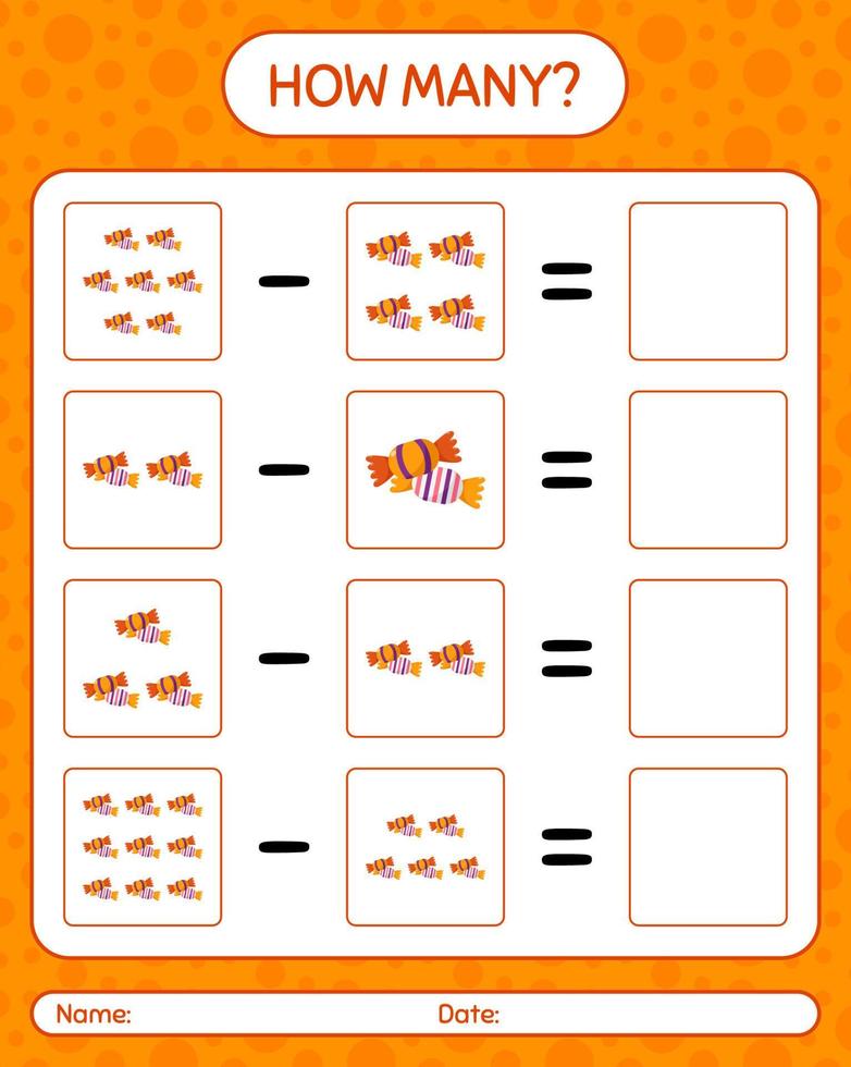 How many counting game with candy. worksheet for preschool kids, kids activity sheet vector