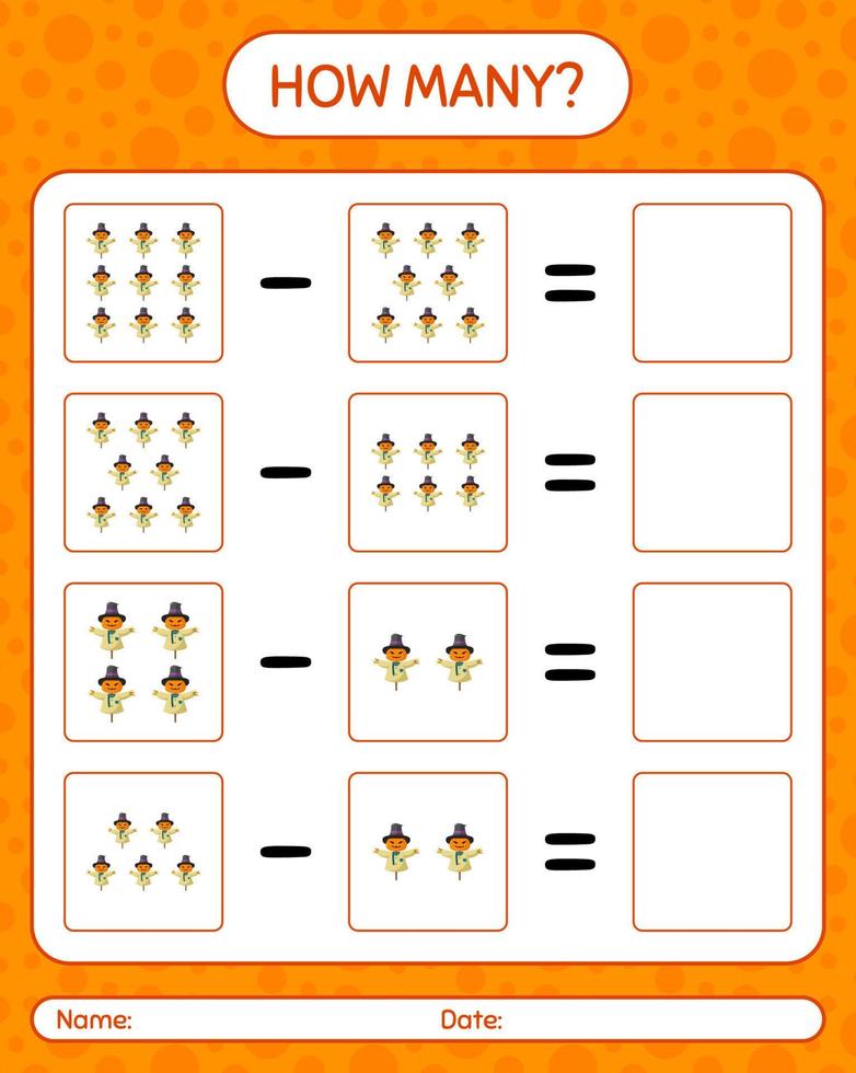 How many counting game with scarecrow. worksheet for preschool kids, kids activity sheet vector