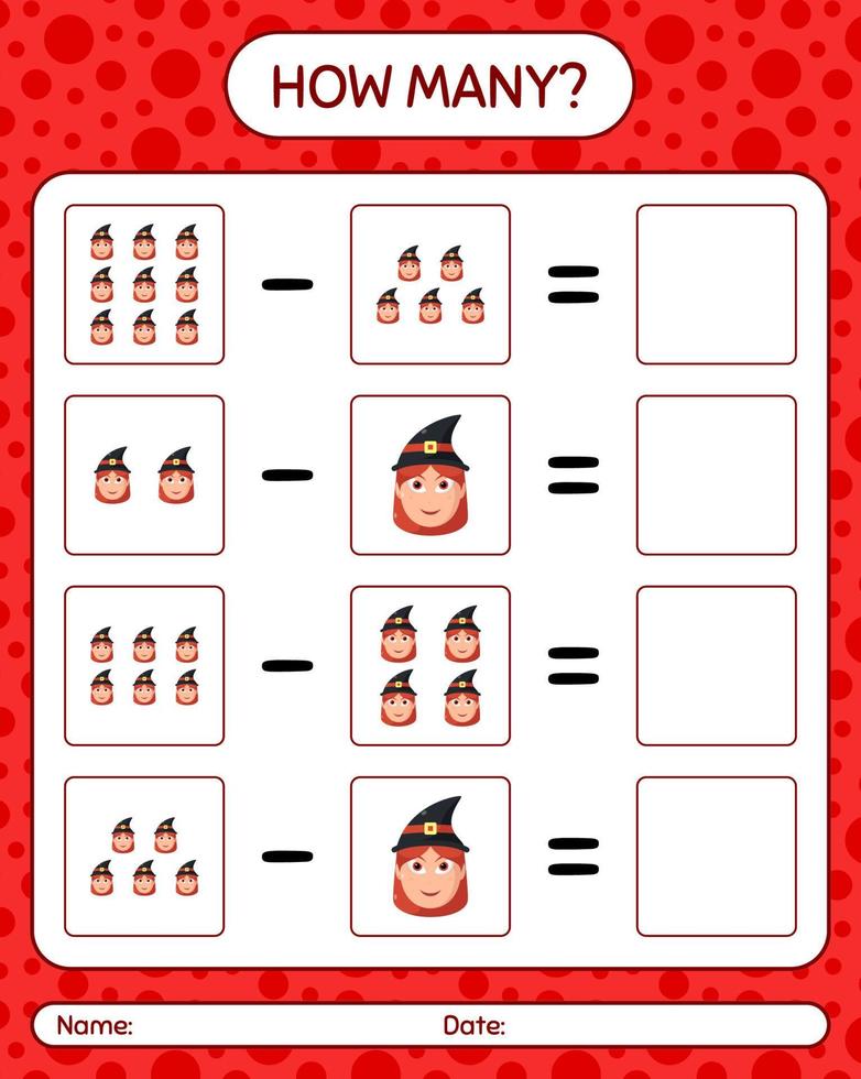 How many counting game with witch. worksheet for preschool kids, kids activity sheet vector