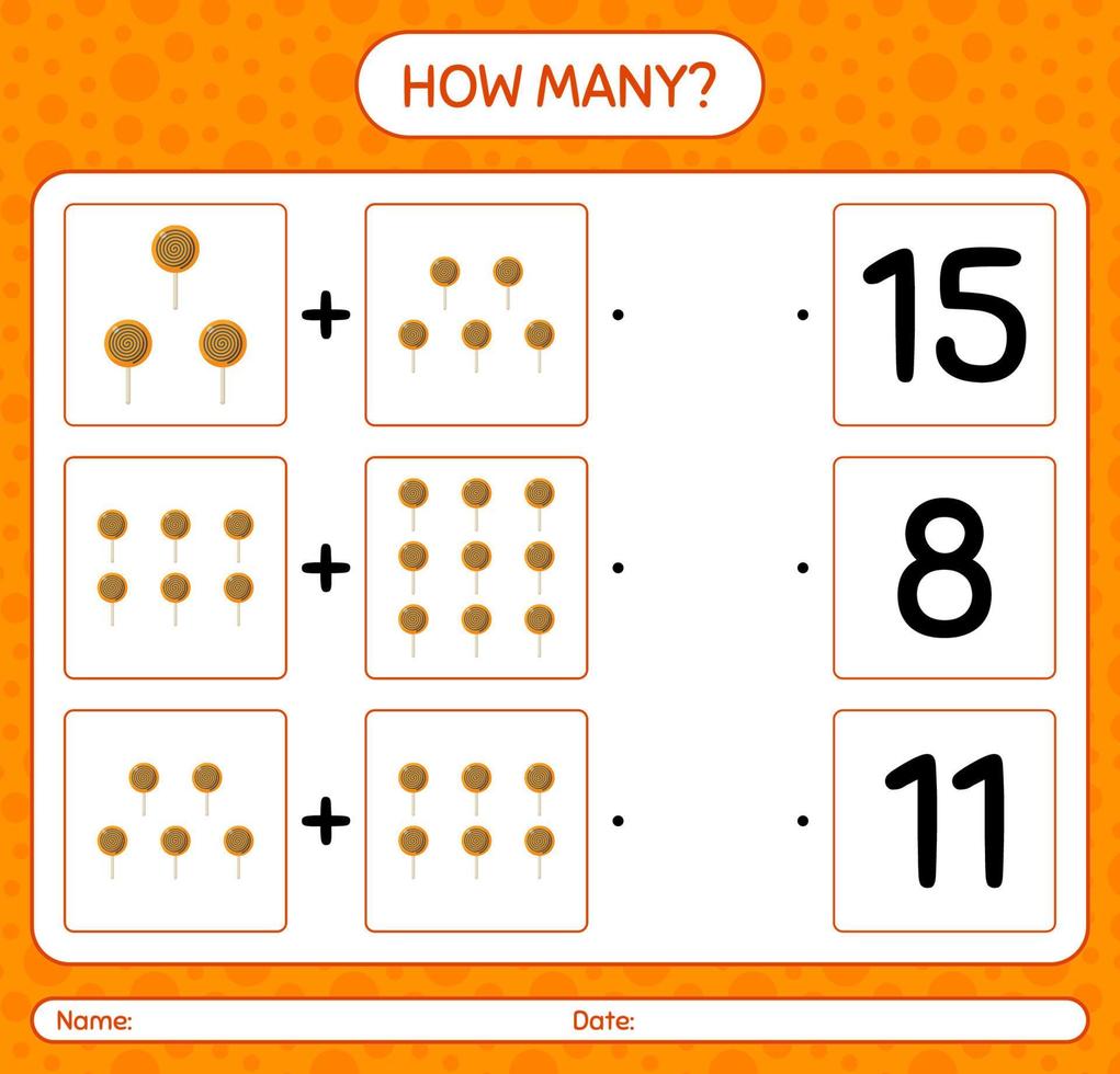 How many counting game with lollipop. worksheet for preschool kids, kids activity sheet vector